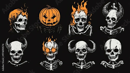 A collection of 8 spooky Halloween skull illustrations on a black background. photo