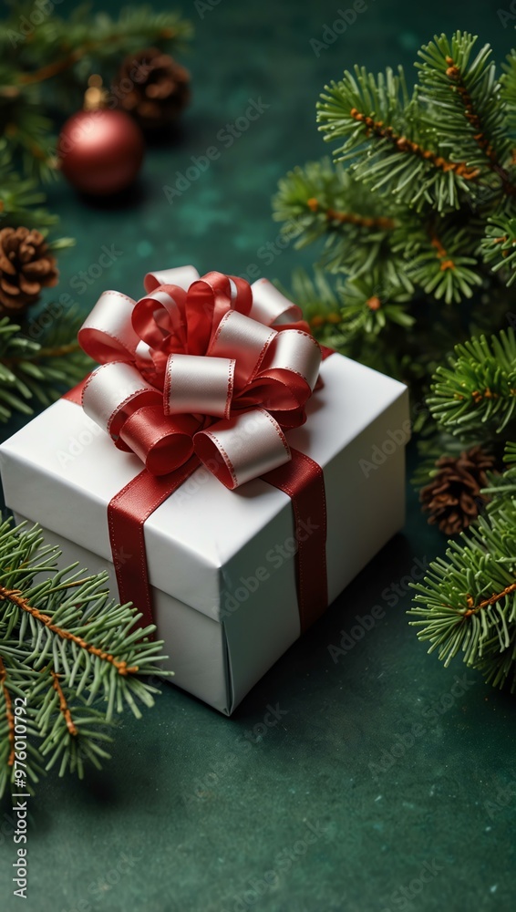 A white gift box tied with a ribbon, accompanied by Christmas decorations and fir branches on a green background, perfect for seasonal greetings. A white gift box tied with a ribbon, accompanied by Christmas decorations and fir branches on a green background, perfect for seasonal greetings.