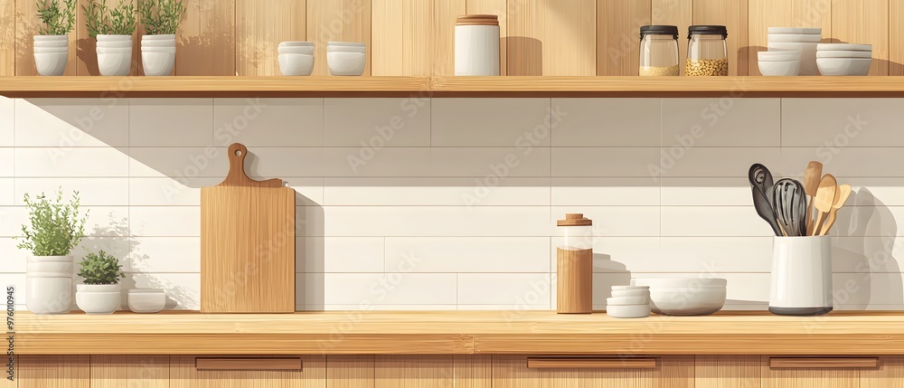 Kitchen Countertop with Wooden Shelf White Tiles and Kitchenware Kitchen Countertop with Wooden Shelf White Tiles and Kitchenware