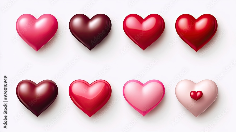 A collection of eight 3D hearts in various shades of red and pink, arranged in two rows of four. A collection of eight 3D hearts in various shades of red and pink, arranged in two rows of four.