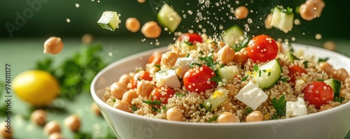 Vibrant bowl of quinoa salad bursting with fresh ingredients, including tomatoes, cucumber, and chickpeas, perfect for healthy meals.
