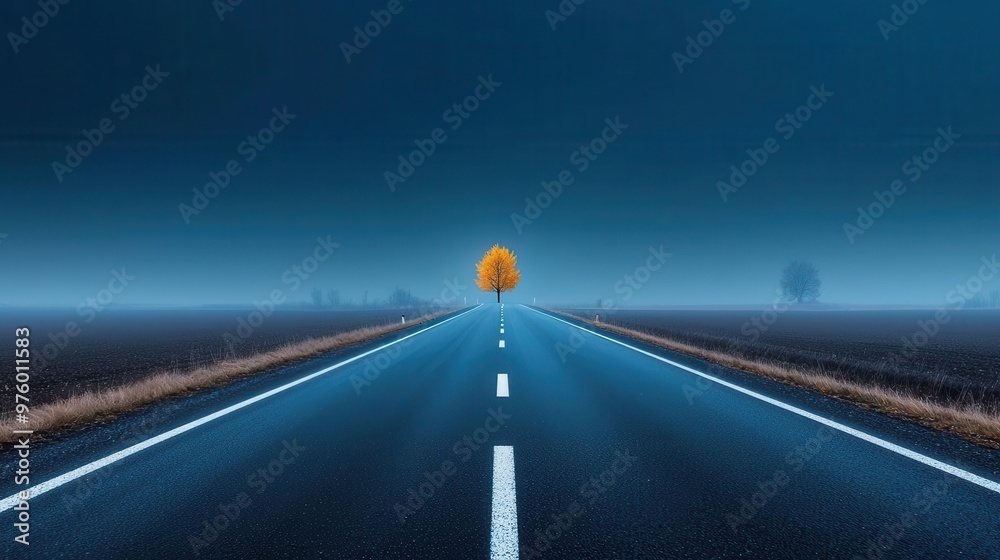 Fototapeta premium A desolate road leading out of a small town, with only the sound of wind and the occasional rustling of leaves in the silent night town road, night, silence