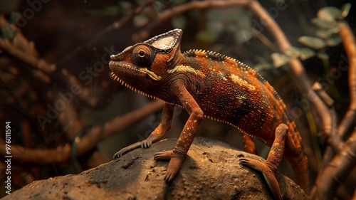 Hyper-realistic 4K image of a dark burnt orange chameleon smoothly blending into its background, showcasing natural camouflage and adaptability in stunning detail.
