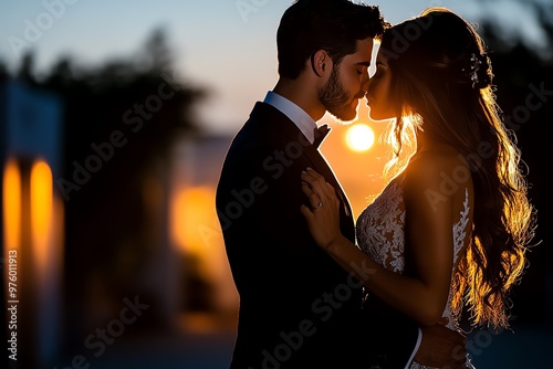 A silhouette of a couple kissing at sunset, their forms in stark contrast to the glowing light behind them, evoking timeless romance