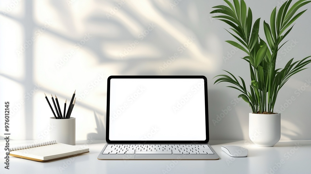 Modern Workspace with Laptop mockup and Plant Modern Workspace with Laptop mockup and Plant