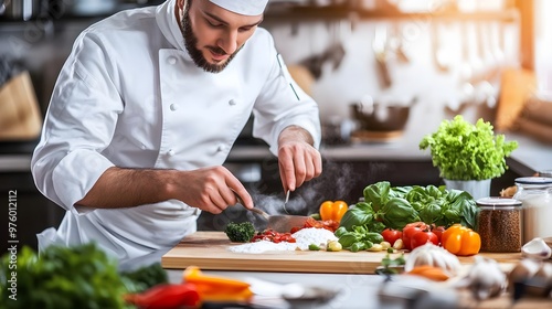 A professional chef meticulously preparing fresh ingredients in a modern kitchen, showcasing culinary skills and vibrant colors.