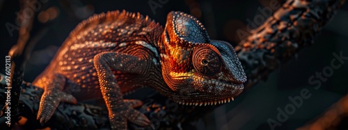Hyper-realistic 4K image of a dark burnt orange chameleon smoothly blending into its background, showcasing natural camouflage and adaptability in stunning detail.

