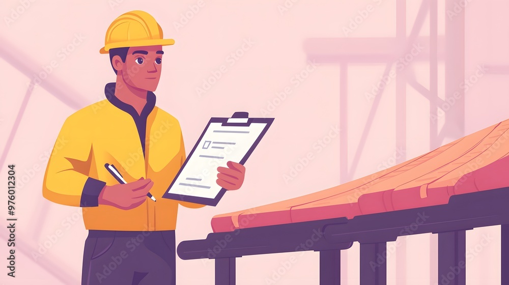 Construction Worker Checking Checklist on Construction Site Construction Worker Checking Checklist on Construction Site