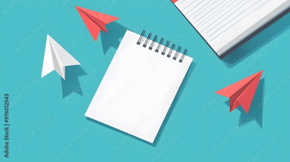 Blank Notebook and Paper Airplanes on Blue Background Blank Notebook and Paper Airplanes on Blue Background