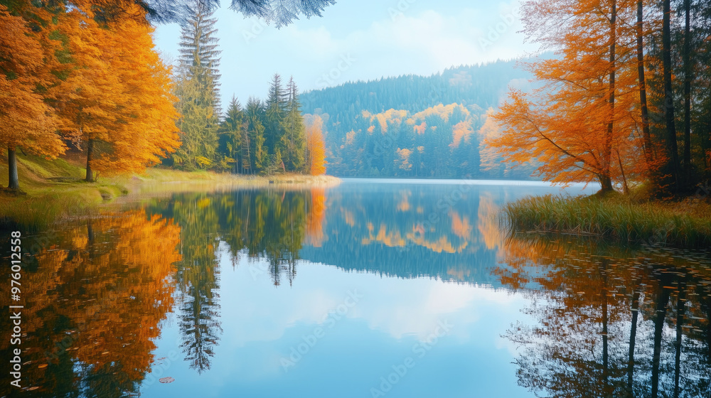 Fototapeta premium Colorful autumn landscape, Nature background, Lake reflecting sky in autumn, generative ai
