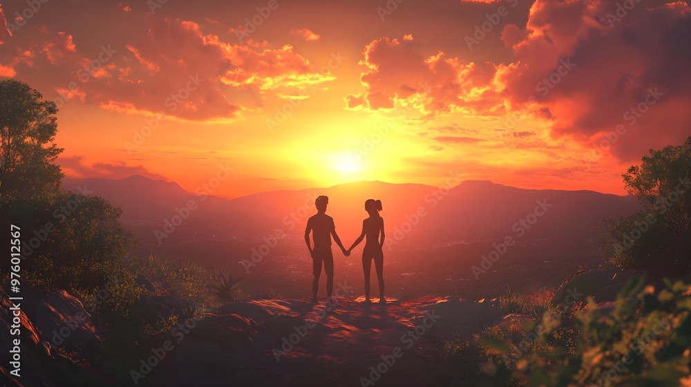 A romantic sunset silhouette of a couple holding hands, surrounded by vibrant nature and colorful skies, evoking love and tranquility. A romantic sunset silhouette of a couple holding hands, surrounded by vibrant nature and colorful skies, evoking love and tranquility.