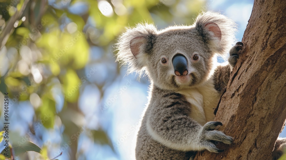Naklejka premium A cute koala bear sitting on a tree branch in a sunny forest.