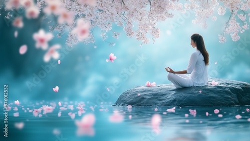 Woman meditating in lotus position on a rock surrounded by water, with floating petals and blooming sakura tree above, concept of tranquility, nature, and mindfulness.