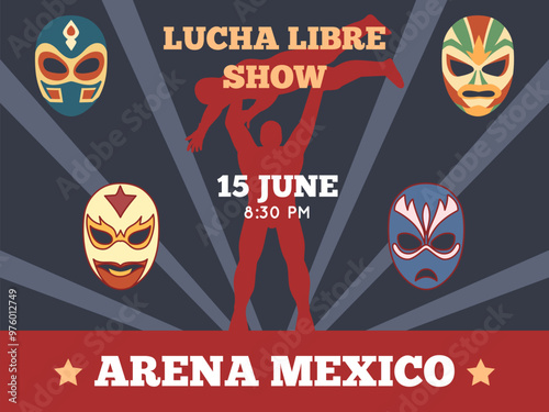 Lucha libre poster. Mexican wrestling show invitation, vintage battle match, fighter holds opponent over head, color masks, invitation banner, cartoon flat style isolated vector concept