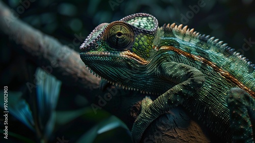 Hyper-realistic 4K image of a dark olive green chameleon with subtle color accents, showcasing its detailed texture and natural appearance.
