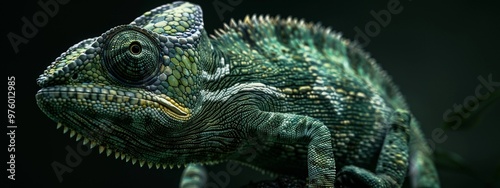 Hyper-realistic 4K image of a dark olive green chameleon with subtle color accents, showcasing its detailed texture and natural appearance.

