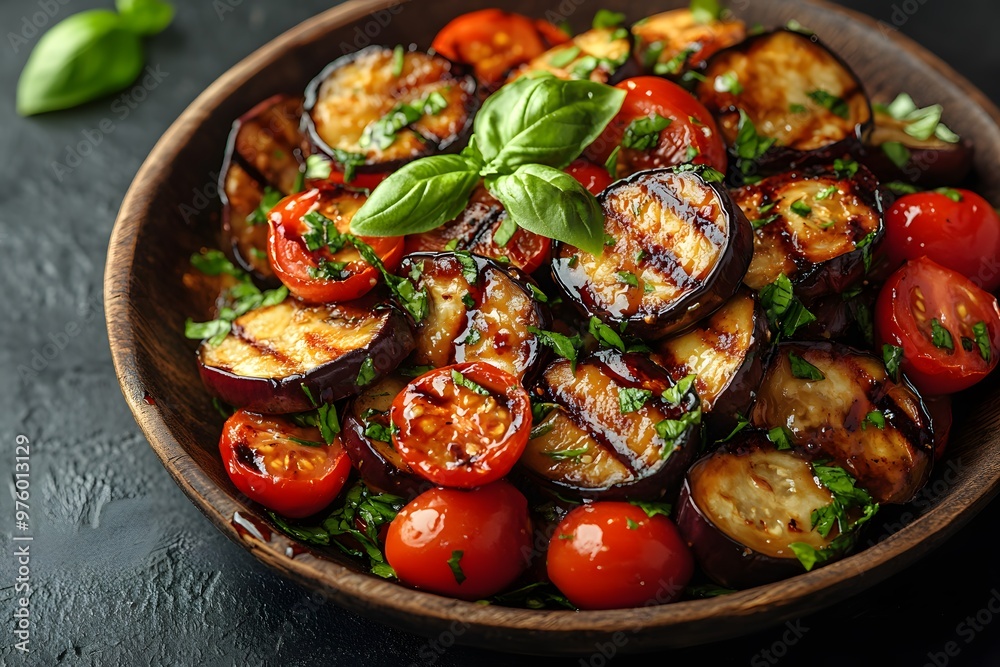 Rustic wooden plate featuring a salad of roasted eggplant, zucchini, and cherry tomatoes Rustic wooden plate featuring a salad of roasted eggplant, zucchini, and cherry tomatoes