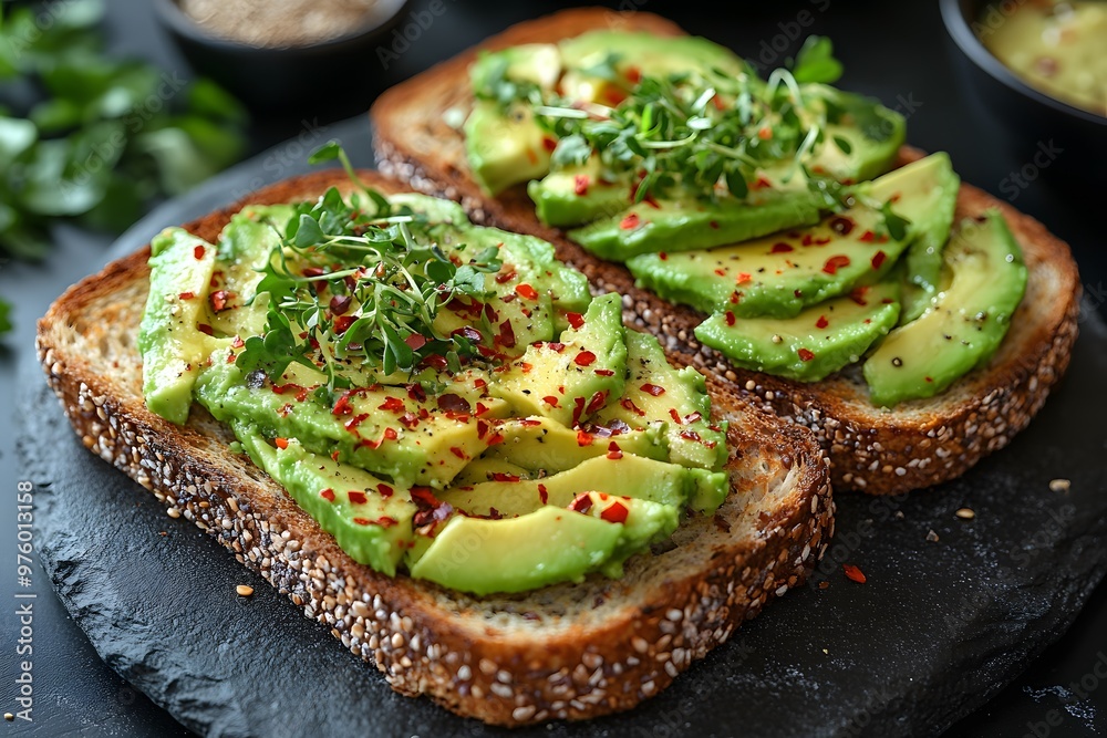 Top View of Two Slices of Whole Grain Toast Topped With Smashed Avocado Top View of Two Slices of Whole Grain Toast Topped With Smashed Avocado