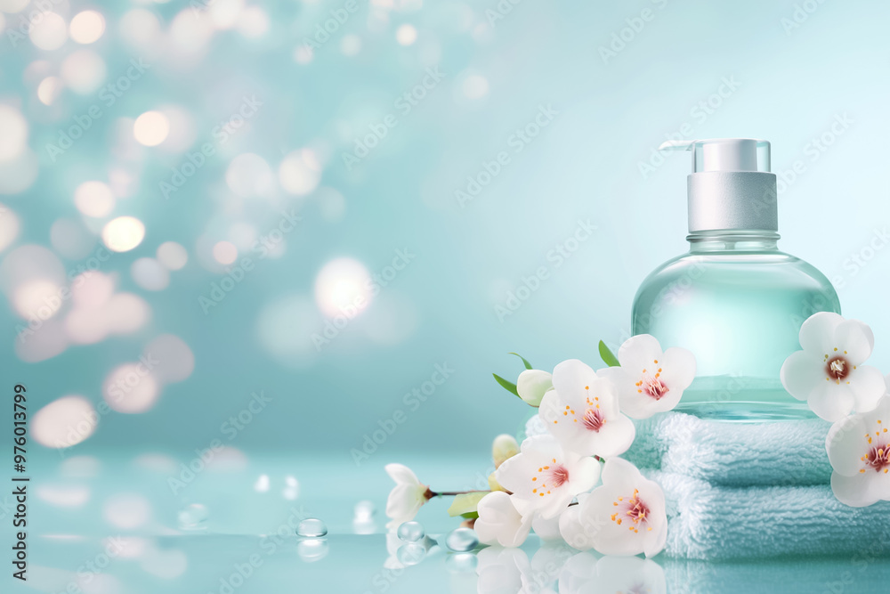 A serene spa arrangement showcases a glass bottle of lotion alongside fluffy towels and elegant white flowers, creating a calming atmosphere for relaxation A serene spa arrangement showcases a glass bottle of lotion alongside fluffy towels and elegant white flowers, creating a calming atmosphere for relaxation