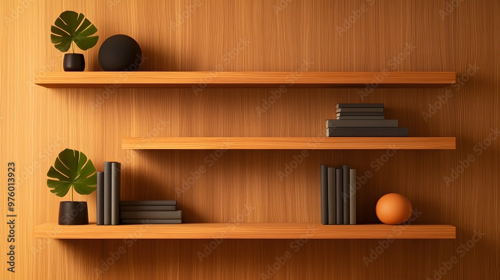 Modern Wooden Shelves with Plants and Books Modern Wooden Shelves with Plants and Books