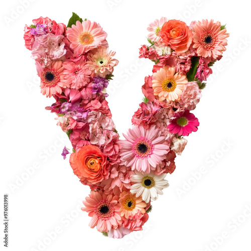 Floral Alphabet Letters V with Colorful Flowers and Decorative Elements