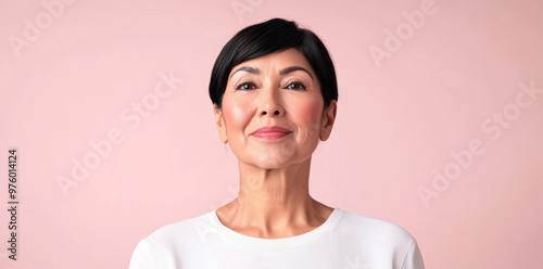 Middle aged latin american woman in casual clothing on solid color background photo