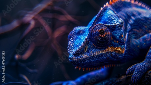 A hyper-realistic 4K HD image of a dark cobalt blue chameleon with soft lighting highlighting its texture and intricate details.
