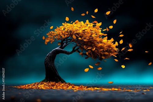 A tree bending in the wind, its branches swaying as leaves are carried away in the gusts