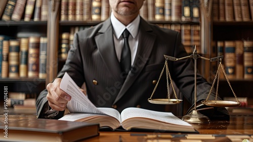 Lawyer reviewing legal documents with scales of justice in the background photo