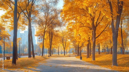 A serene autumn landscape with vibrant orange trees lining a peaceful pathway, inviting tranquility and natural beauty.