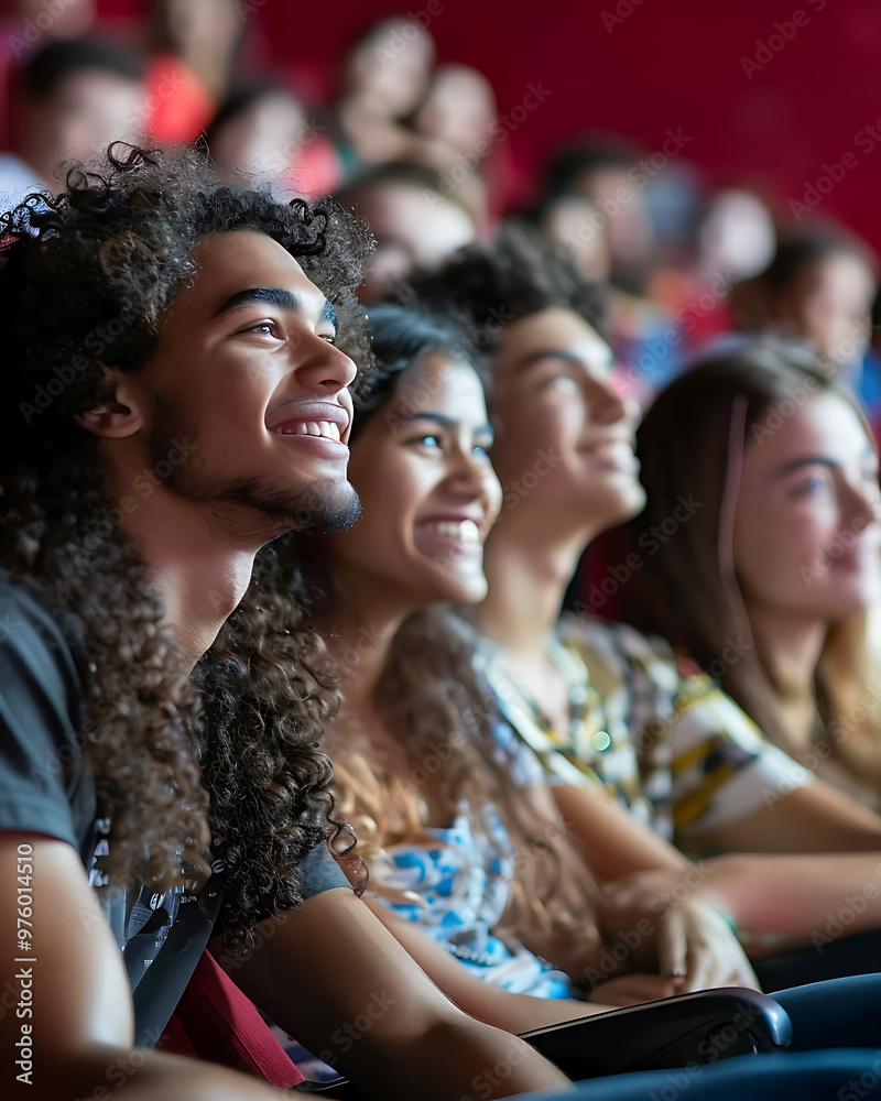 Obraz premium Students enjoying a university-organized movie night, sharing laughter and excitement together.