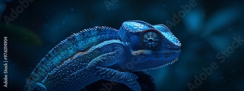 A hyper-realistic 4K HD image of a dark cobalt blue chameleon with soft lighting highlighting its texture and intricate details.
