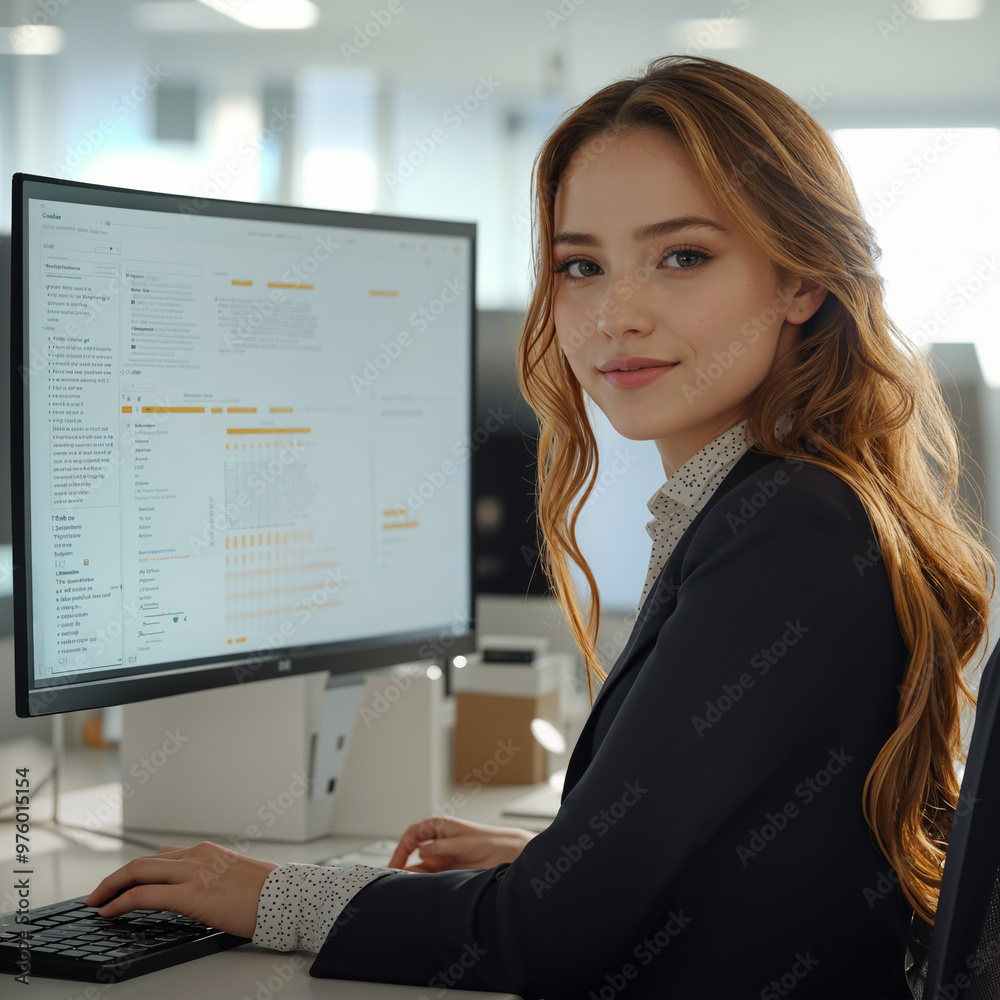 A female office worker is sitting at a computer A female office worker is sitting at a computer