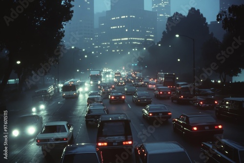 A congested road in a city with haze and low visibility. The image is to tell about vehicle carbon emission and air pollution. photo