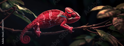 Hyper-realistic 4K image of a dark crimson red chameleon with subtle accents, showcasing intricate textures and lifelike details of the reptile.
