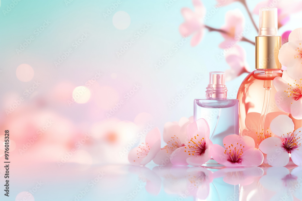 Two elegant perfume bottles sit gracefully surrounded by cherry blossom petals, creating a tranquil and enchanting atmosphere with blurred pastel hues in the background Two elegant perfume bottles sit gracefully surrounded by cherry blossom petals, creating a tranquil and enchanting atmosphere with blurred pastel hues in the background