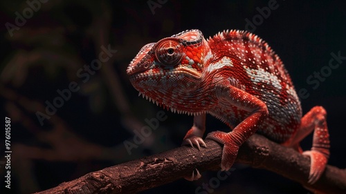 Hyper-realistic 4K image of a dark crimson red chameleon with subtle accents, showcasing intricate textures and lifelike details of the reptile.
 photo