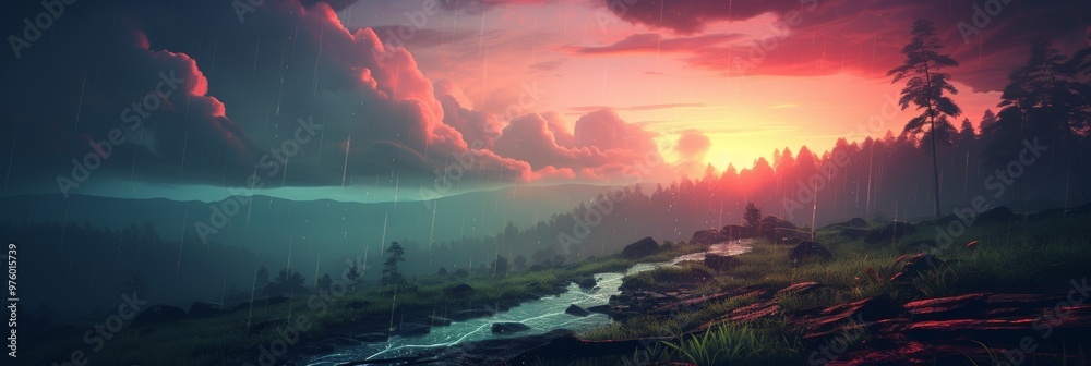 Serene sunset after rain a beautiful scene of nature s tranquility and colorful skies Serene sunset after rain a beautiful scene of nature s tranquility and colorful skies