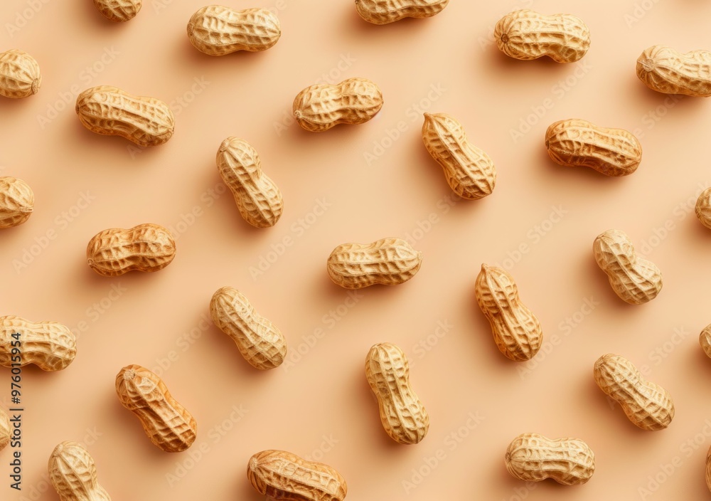 A collection of unshelled peanuts scattered on a light orange background, showcasing the textured surface of the nuts in a visually appealing layout A collection of unshelled peanuts scattered on a light orange background, showcasing the textured surface of the nuts in a visually appealing layout