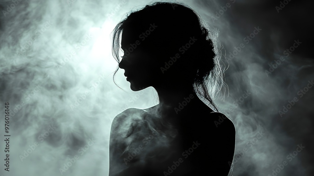 Silhouette of woman in dramatic lighting with misty background. Silhouette of woman in dramatic lighting with misty background.