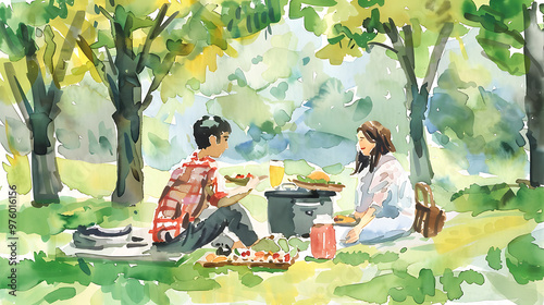 Fun University Outdoor Picnic: Students Enjoying Barbecue in Pastel Soft Watercolor Tones