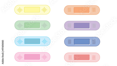 Set of multi-colored plasters for protection against microbes and wound healing, medical bandage of different bright colors protecting against various damages, plasters for quick treatment of wounds