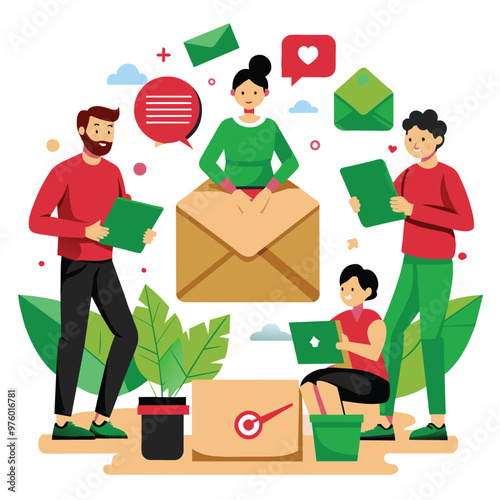 A group of people interact in a creative environment handling green devices and envelopes while managing emails and digital communication effectively