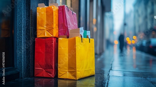 A shot of multiple colorful food delivery bags stacked at the entrance of a restaurant waiting to be picked up by couriers. The vibrant colors stand out against the neutral tones of the street. Large photo