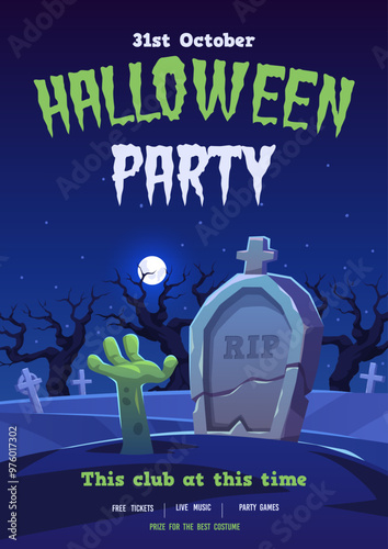 Halloween party invitation. Cemetery gravestones, zombie hand ground comes out, dead man rises from grave, creepy night, poster design, vertical banner or flyer, tidy vector cartoon concept