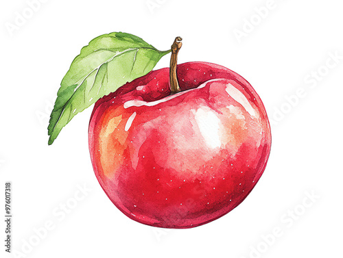 A vibrant red apple with a glossy surface and a green leaf, perfect for illustrating health and nature.