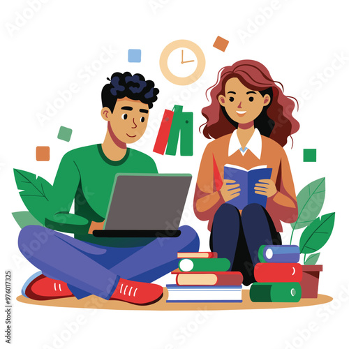 A young man uses a laptop while a girl reads a book both engaged in their study session surrounded by books in a relaxed environment