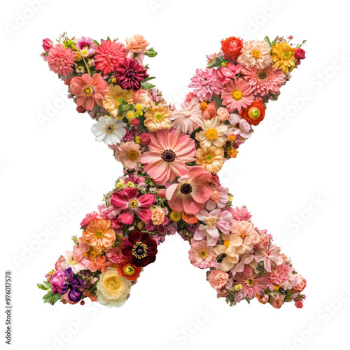 Floral Alphabet Letters X with Colorful Flowers and Decorative Elements