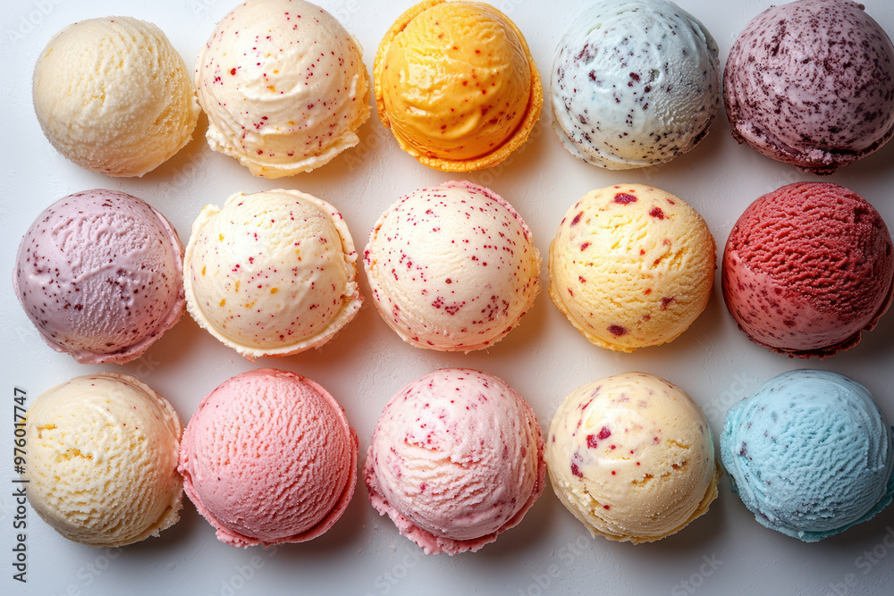 Ice cream scoops on a white background, top view, flat lay, pattern, colorful. Ice cream scoops on a white background, top view, flat lay, pattern, colorful.