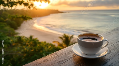 A cup of coffee on a wooden table overlooking a beautiful beach at sunrise.